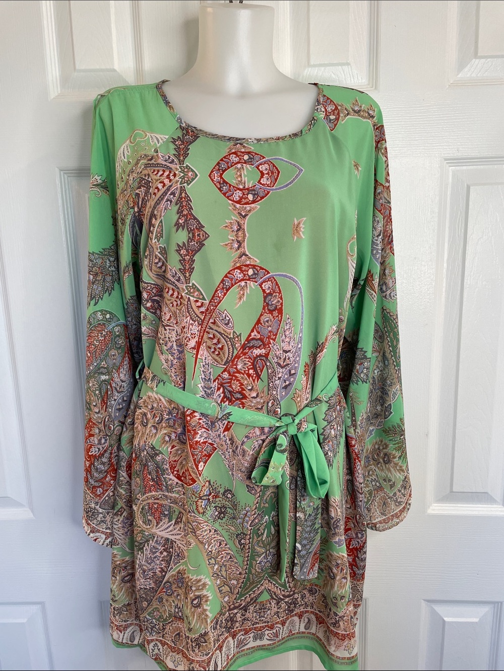 UMGEE GREEN PAISLEY LONG SLEEVE BELTED SHIFT DATE NIGHT VACATION DRESS SZ M - Picture 2 of 14